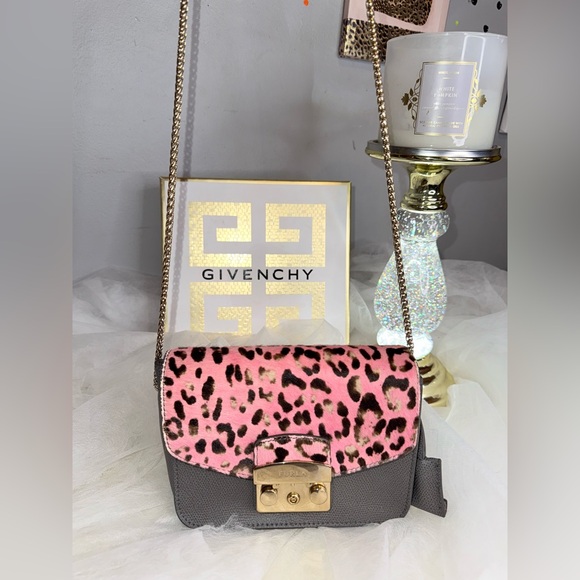 Furla pony hair Pink Leopard and Gray Crossbody Bag with lock and key. - Picture 3 of 10